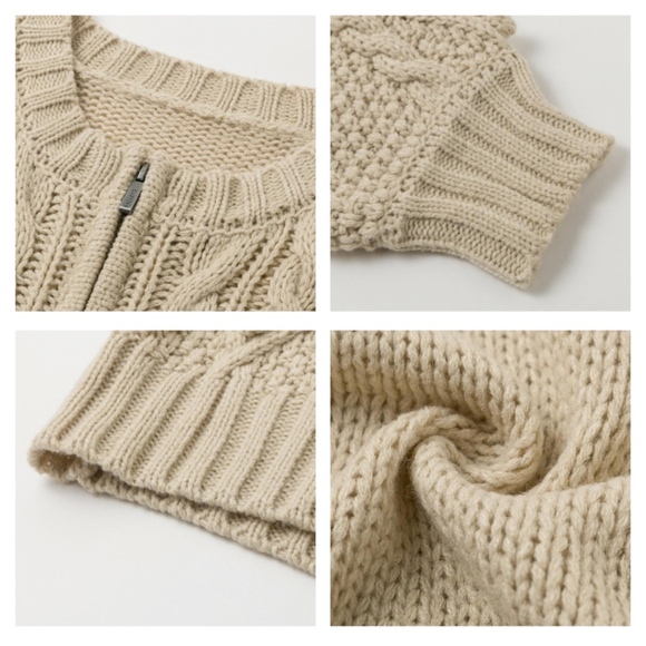 Zip Up Pom Pom Beige Cardigan - Picture 7 of 8